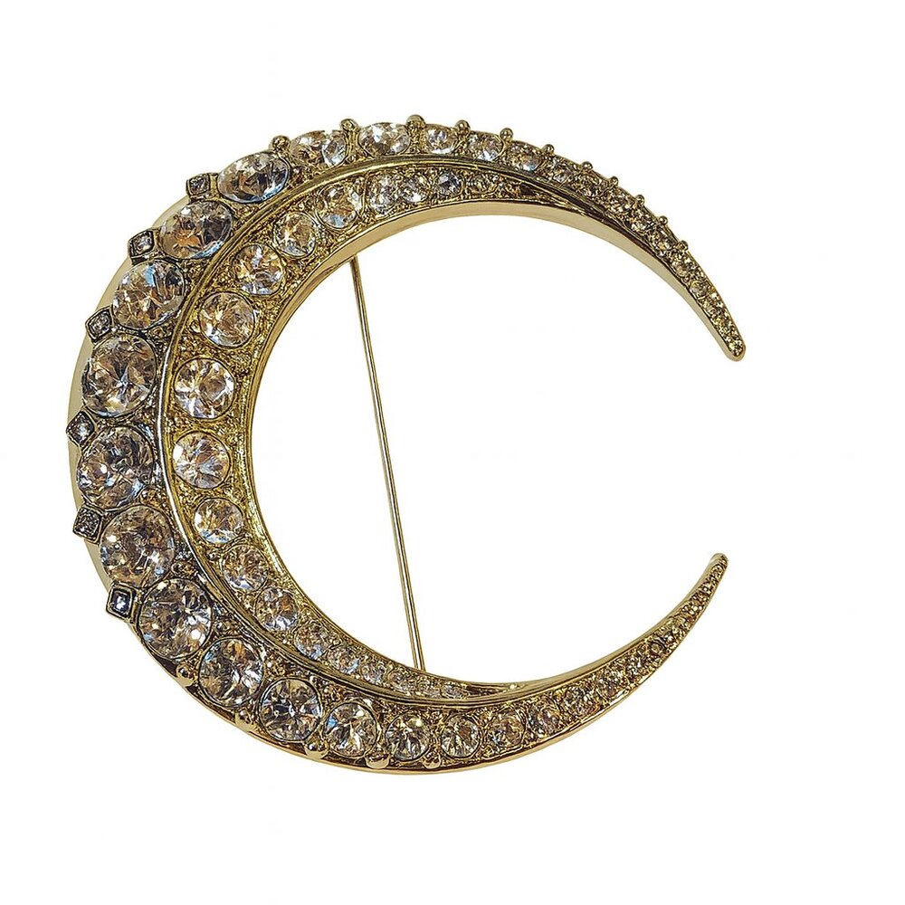 Vintage Inspired Crescent Moon Rhinestone‎ Brooch 3” Gold-Tone NWOT